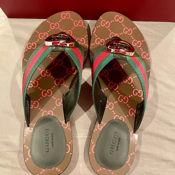 Gucci W Kika Flat Thong Sandals Web GG Nylon & Leather Size 38.5 BNIB - Picture 2 of 6